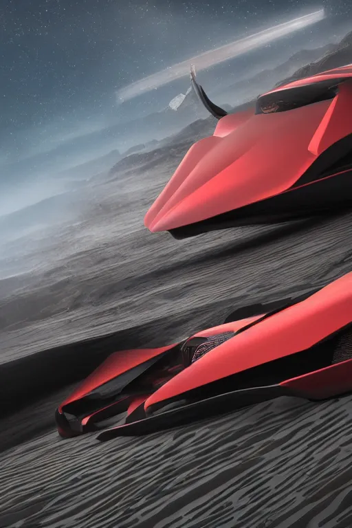 Image similar to professional photograph of a beautiful neo - futuristic simplified symmetrical supercar spacecraft landed on a desert plateau by ilm, denis villeneuve, emmanuel shiu, zaha hadid, vapor, cinematic architectural scale, red paint detail, manga, dramatic, volumetric, concept art, hard surface, hyperrealism, high detail, trending on artstation, sharp focus, rendered in octane