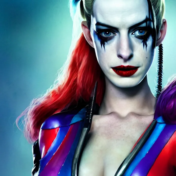 Image similar to portrait of Anne Hathaway as a harley quinn in Suicide Squad. HD,4K. intricate. intricate artwork. by Tooth Wu, wlop, beeple, dan mumford. octane render, trending on artstation, greg rutkowski very coherent symmetrical artwork. cinematic, hyper realism, high detail, octane render, 8k, iridescent accents