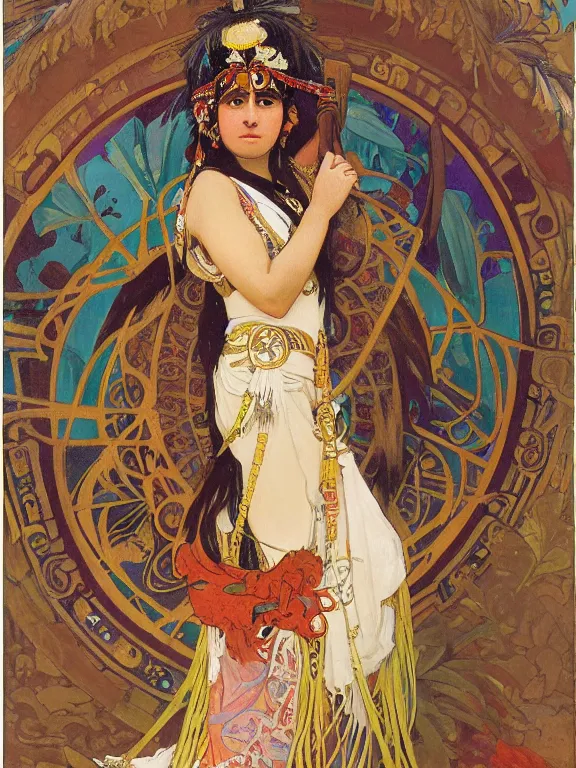 Prompt: an art nouveau painting of a pretty young native mayan woman dressed in a traditional, modest coat of beads and feathers and an elaborate headdress, in front of an aztec calendar, by alphonse mucha and james gurney and john william waterhouse