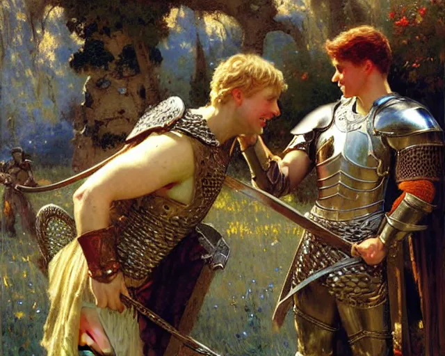 Image similar to arthur pendragon flirting wit his knight. the knight is also flirting back, highly detailed painting by gaston bussiere, craig mullins, j. c. leyendecker