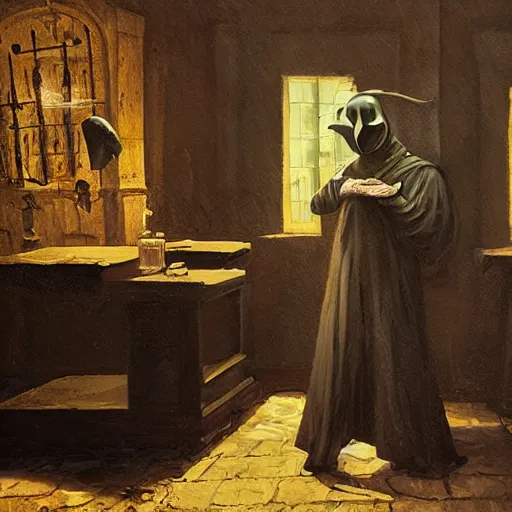 Image similar to plague doctor working in medieval alchemy laboratory, oil painting, by Greg Rutkowski