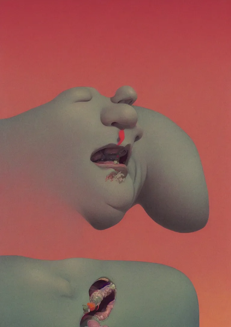 Image similar to a closeup portrait of an honest man licking a tab of LSD acid on his tongue and dreaming psychedelic hallucinations, by kawase hasui, moebius, Edward Hopper and James Gilleard, Zdzislaw Beksinski, Steven Outram colorful flat surreal design, hd, 8k, artstation