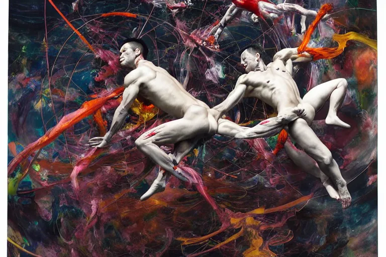 Prompt: muscular men entwined together, floating in space, zero gravity, inside a brutalist space ship, gothic, rich deep colours, painted by francis bacon, adrian ghenie, james jean and petra cortright, part by gerhard richter, part by takato yamamoto. 8 k masterpiece