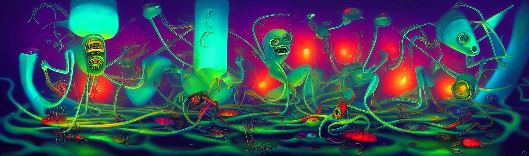 Image similar to strange plankton creatures from the depths of the collective unconscious, dramatic lighting, surreal darkly colorful painting by ronny khalil