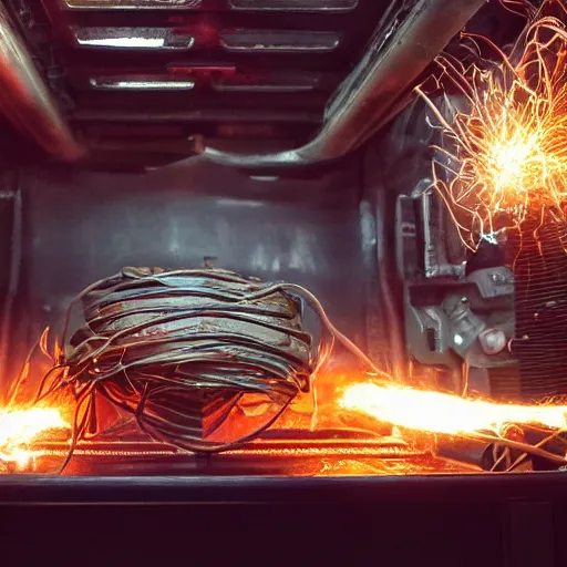 Image similar to overcharging toaster oven, tangles of metallic cables, dark messy smoke - filled cluttered workshop, dark, dramatic lighting, orange tint, sparks, plasma charges, cinematic, highly detailed, sci - fi, futuristic, movie still