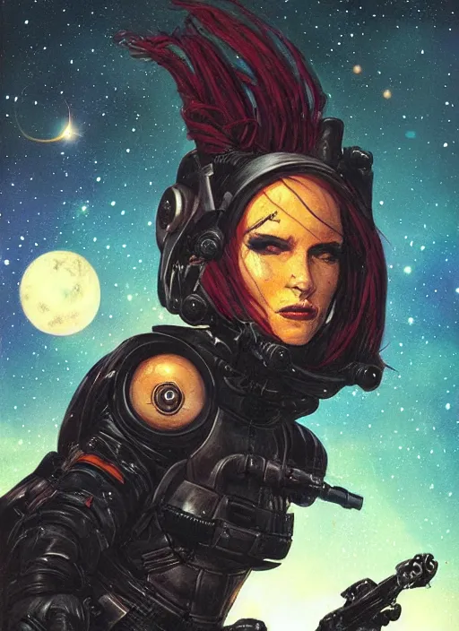 Image similar to portrait of female space pirate, night sky background, beautiful! coherent! by brom, deep color, strong line, high contrast