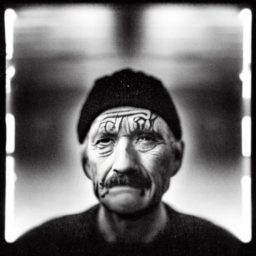 Prompt: Monochrome portrait of an intense old man with facial tattoos on a rainy misty street at night, the only light source is a bright overhead street light, close-up, motion blur, grainy Tri-X pushed to 3200, 24mm tilt-shift, water drops on the lens, holga