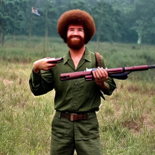 Prompt: bob ross holding a china - lake grenade launcher in the vietnam war