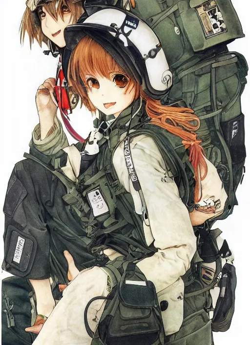 Prompt: a copic maker manga portrait of an anime girl very detailed features by yoshiyuki sadamoto, alphons mucha norman rockwell wearing a pilot suit cargo streetwear -, chic'techno fashion trend by issey miyake and balenciaga 8 k