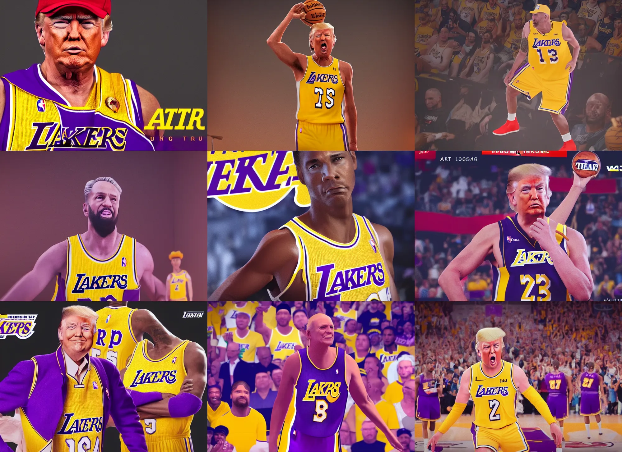 Prompt: donald trump in a los angeles lakers uniform, digital art, trending on artstation, ray tracing, octane render