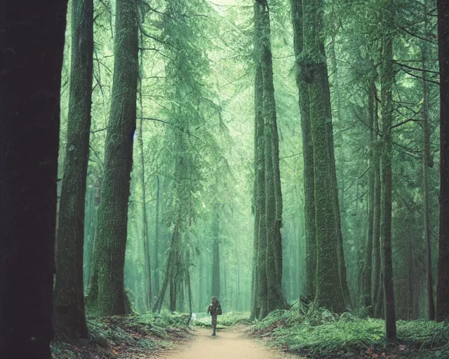 Prompt: a person walking through a forest with tall trees, a photo by kazys varnelis, trending on flickr, naturalism, photo taken with provia, photo taken with ektachrome, photo taken with fujifilm superia