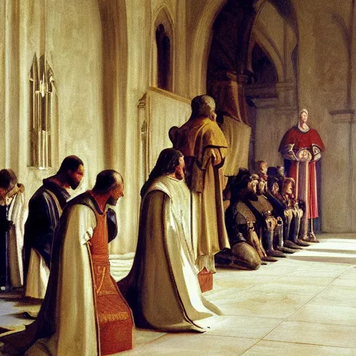 Prompt: painting of medieval kings kneeling before the pope, in a church. arstation, john singer sargent, craig mullins