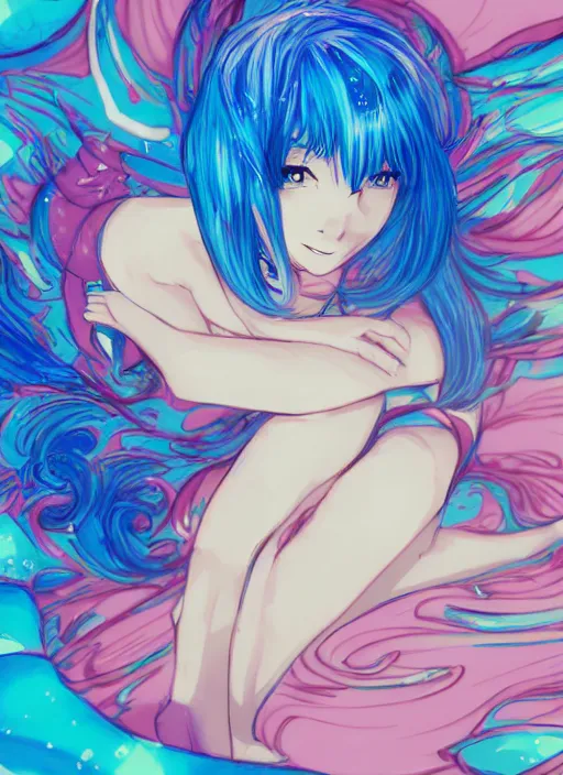 Image similar to a woman with blue hair sitting underwater, a beautiful anime drawing by yuumei, featured on pixiv, pixiv, seapunk, very anime anime!! detailed