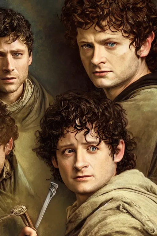 Prompt: a detailed matte portrait of jensen ackles dressed as frodo baggins and misha collins as samwise gamgee, masterpiece, 8 k, art by alphonse mucha and greg rutkowski