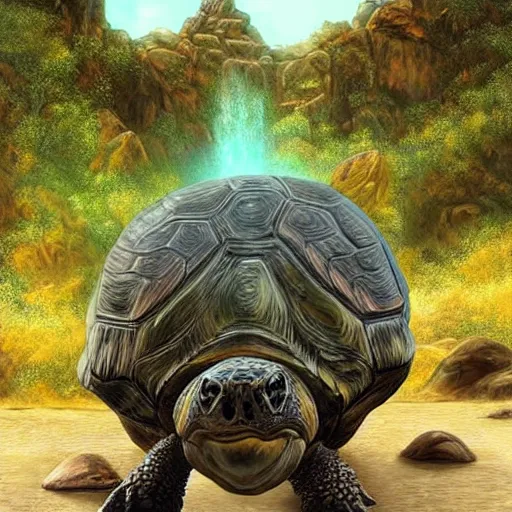Image similar to a large turtle saying with its mouth open next to a large rock with the word wow carved into it by android jones