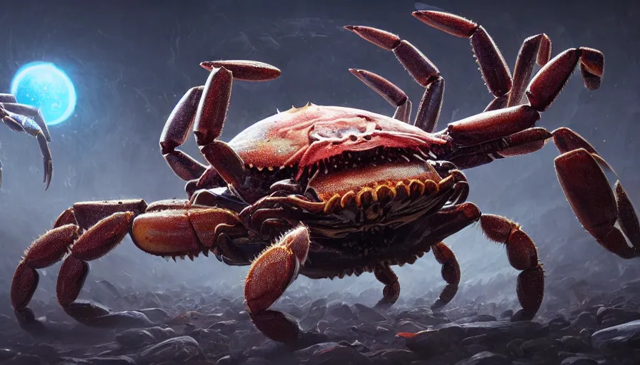 Prompt: gigantic ominous crab god with 8 eyes and a hundred hairy legs, cracked shell, crawling towards the camera, cosmic horror entity, occult symbols present, hyperrealistic, detailed : cornea, iris, pupil, octane render, cinematic, art by by greg rutkowski and igor kieryluk