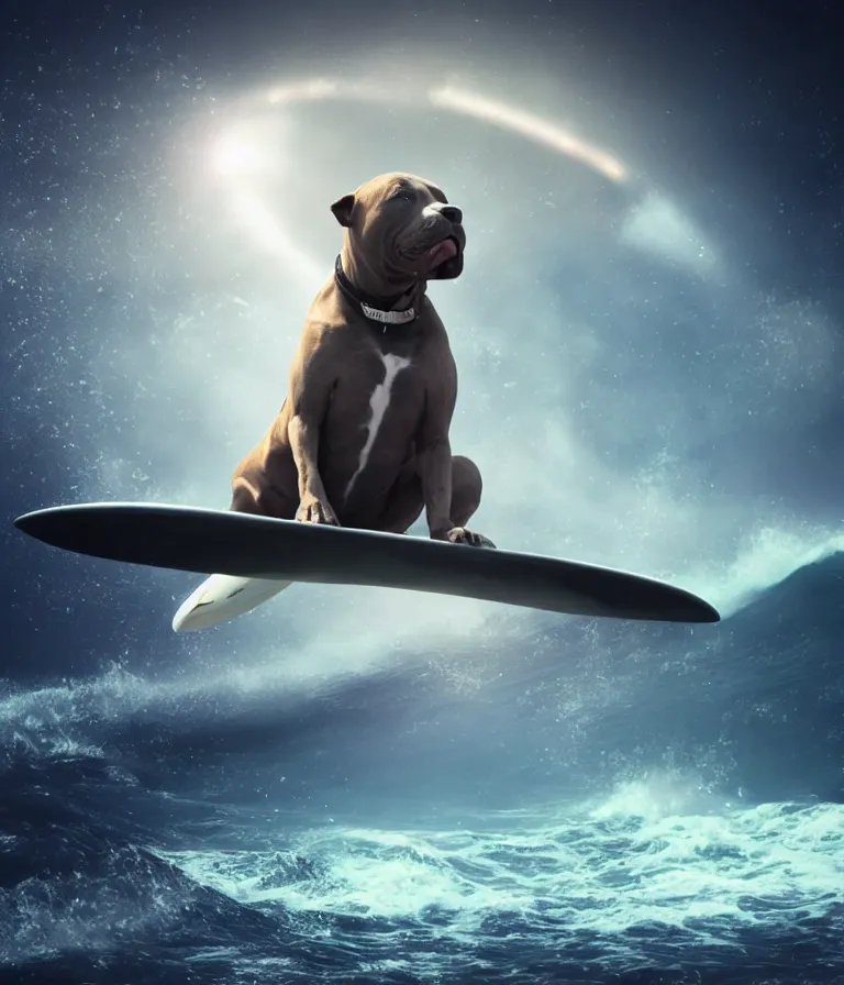 Image similar to photo of a dark gray coat pit bull with a white paws and a white nose!, surfing on a surfboard in a crashing wave of alien ocean in space, background is an alien galaxy, aliens in the background, alien colors, octane render, unreal engine, wide view, 8 k, highly detailed