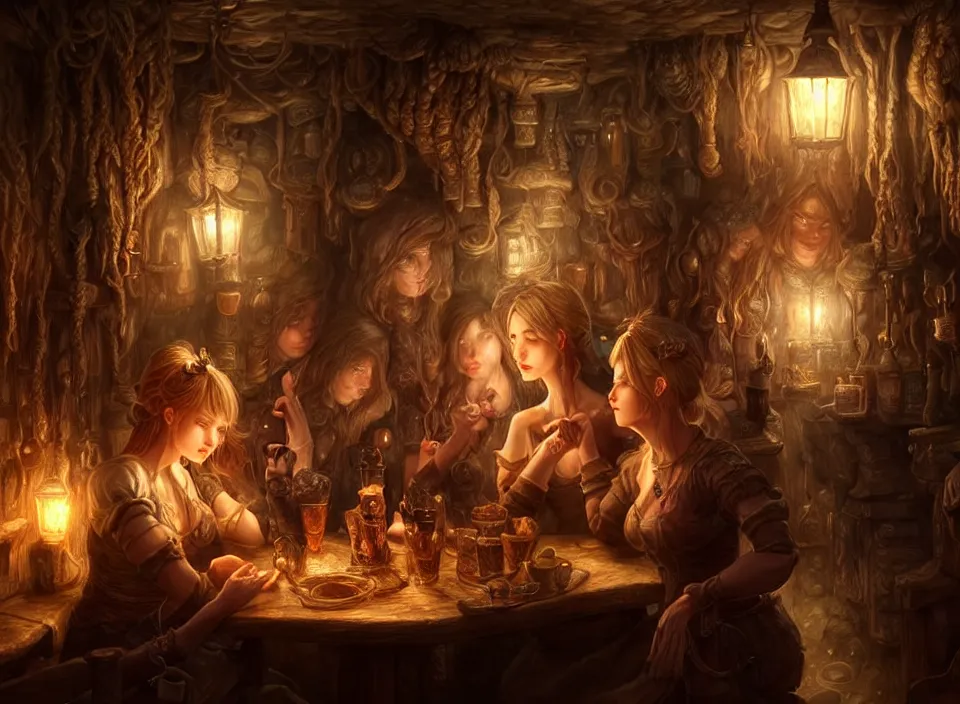 Prompt: many women drinking, dimly-lit cozy tavern, relaxed pose, fantasy art, detailed painterly digital art style drawn by artgerm, beautifully detailed render, post-processing, extremely hyperdetailed, intricate, epic composition, grim yet sparkling atmosphere, cinematic lighting + masterpiece, trending on artstation, very detailed, vibrant colors