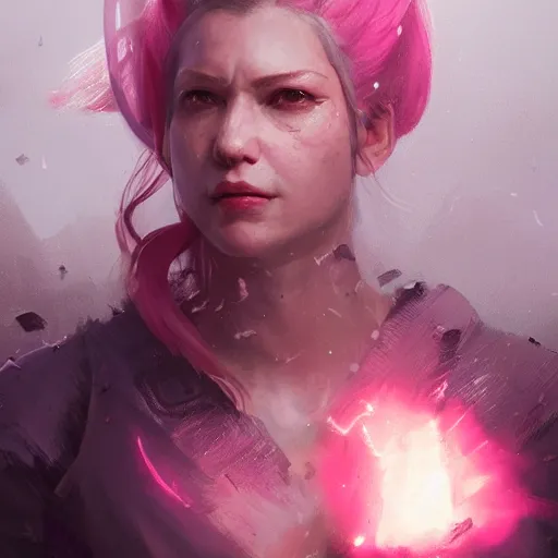 Prompt: a d & d portrait of a growling woman with pink pigtails, ready to fight, art by deiv calviz, splash art, fantasy, atmospheric lighting, by greg rutkowski, hd wallpaper, ultra high details, cinematic composition, professional unique masterpiece