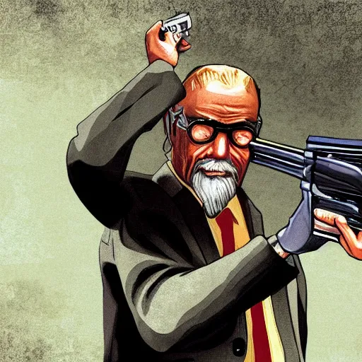 Prompt: old man in car holding gun, gta san andreas art