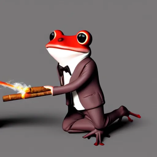 Image similar to a high quality photo of an antropomorphic frog wearing a suit smoking a cigar, 3d scene, render, ultra realistic, artstation, cgsociety