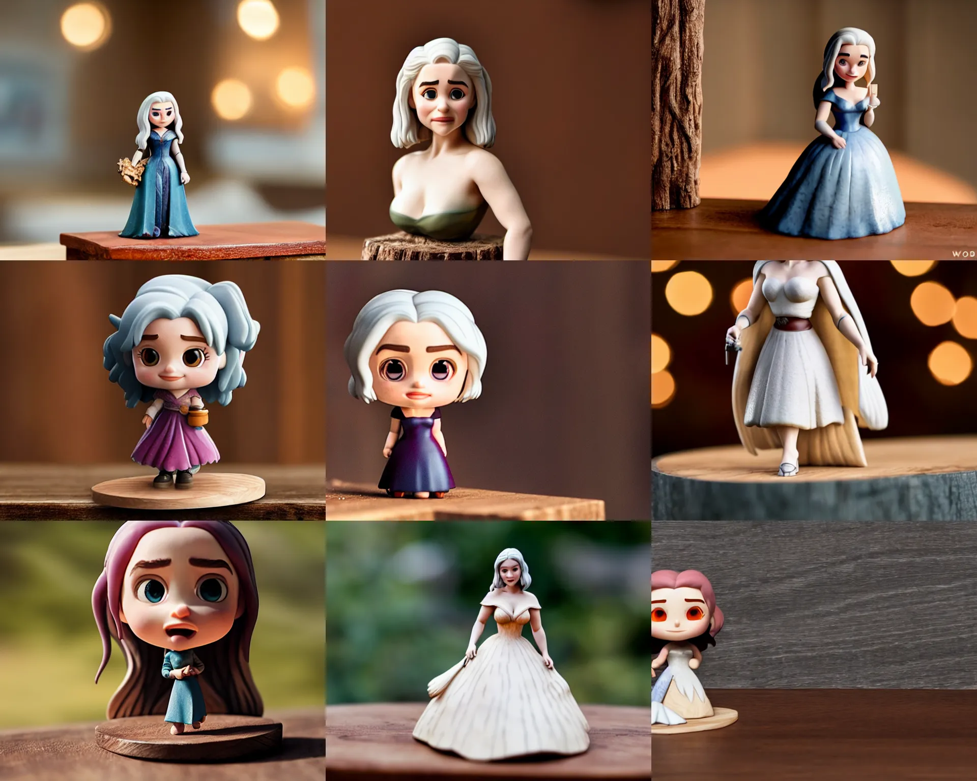 Prompt: emilia clarke figurine by pixar sad bokeh on wooden table.