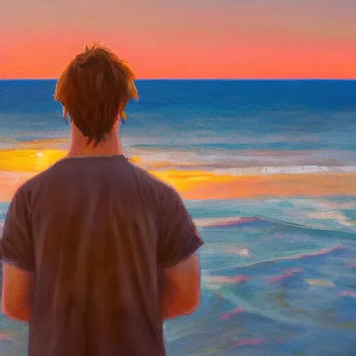 Prompt: a teen guy with mullet, portrait, sunset, ocean in distance, oil painting, pale colors, high detail, 8 k, wide angle, trending on artstation,