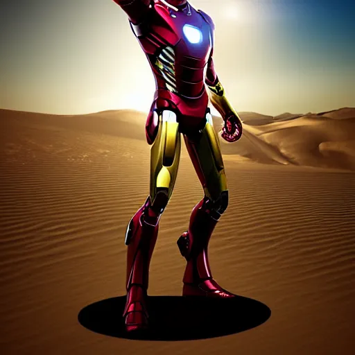 Image similar to iron man in the desert, metallic, photorealistic, shiny, sandy, sand everywhere, metal, rustic iron and copper, sand dunes, marvel