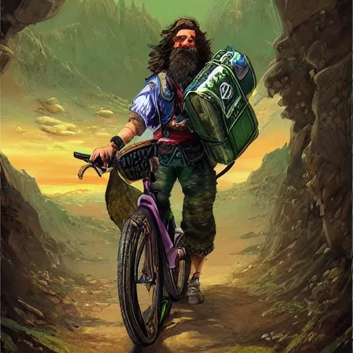 Prompt: a bearded and long haired bicycle food delivery worker with a green bag on his back in Europe, he has boots, epic fantasy style art by kim jung gi, fantasy epic digital art