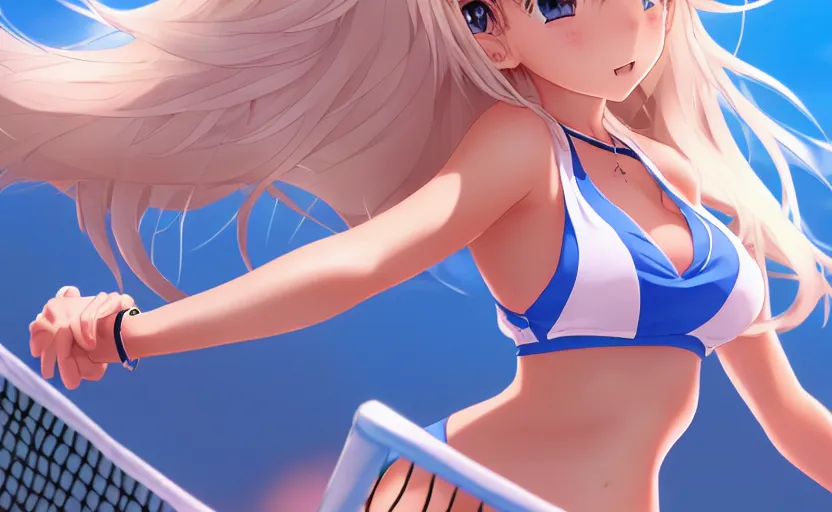Image similar to a very beautiful young anime tennis girl, full body, long wavy blond hair, sky blue eyes, ( ( ( full round face ) ) ), short smile, bikini, miniskirt, front view, mid - shot, highly detailed, cinematic wallpaper by stanley artgerm lau
