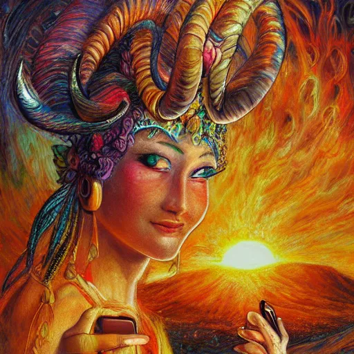 Prompt: detailed acrylic on canvas by josephine wall, horned ram goddess checking her cell phone, erupting volcano and sunset in distance, flowers in foreground, fantasy, trending on artstation, by senior concept artist, intricately detailed, high resolution, hdr, 8 k