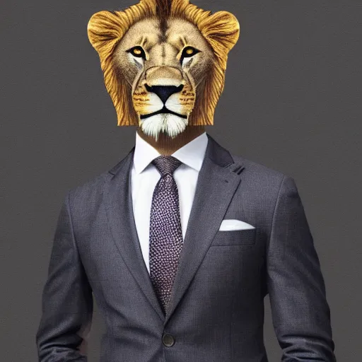 Prompt: photo of lion wearing a suit and tie, hyper realistic,