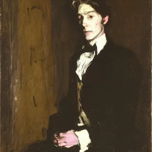 Prompt: portrait of dorian gray by walter sickert, john singer sargent, william open, oil on canvas, national portrait gallery