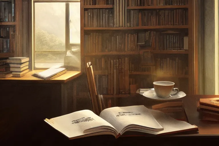 Image similar to a desk, books, a cup of coffee, computer, hyper realistic style, intricate details, digital painting, dramatic cinematic lighting by john frederick peto and lengjun