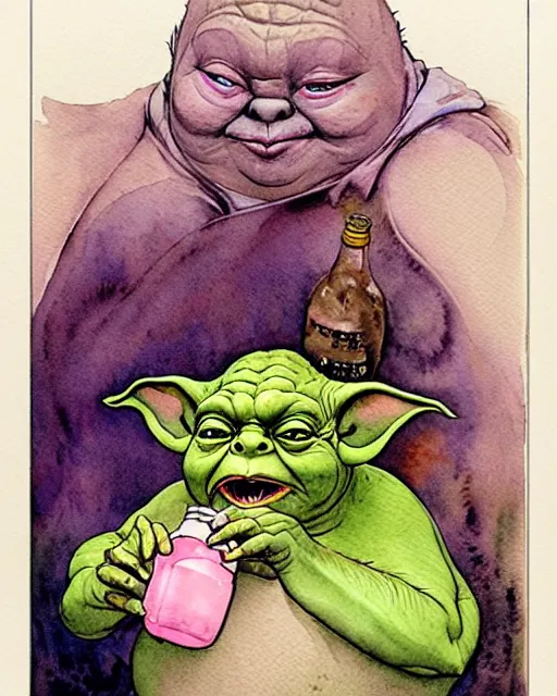 Image similar to a realistic and atmospheric watercolour fantasy character concept art portrait of a fat dirty yoda drinking out of a bottle with pink eyes wearing a wife beater. by rebecca guay, michael kaluta, charles vess and jean moebius giraud