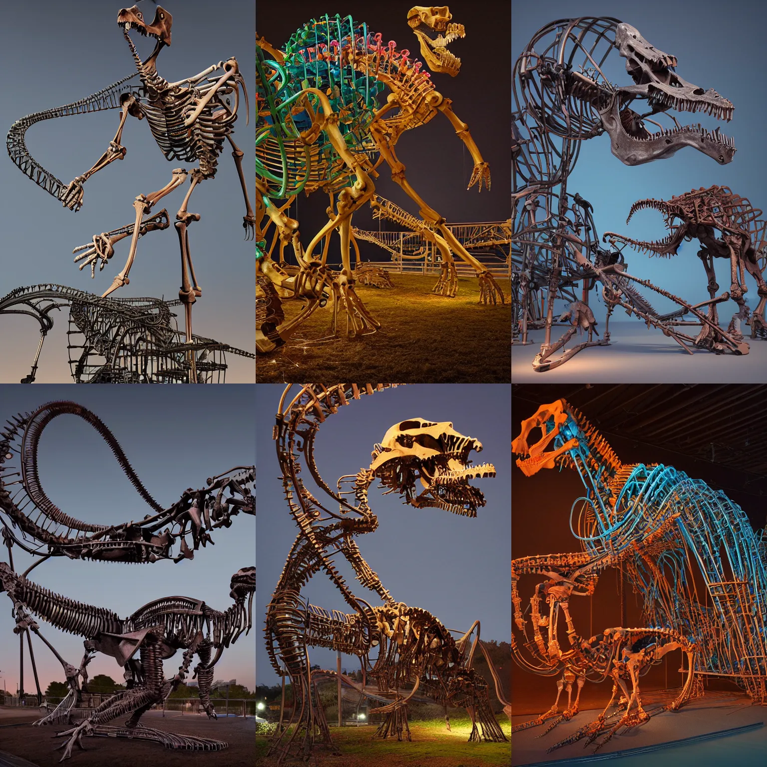 Prompt: Simple funny mechanic organic dinosaur skeleton sculpture made from rollercoaster, cables, wires and tubes, by david lachapelle, by angus mckie, by rhads, in a dark empty black studio hollow, c4d, at night, rimlight, rimight, rimlight, colorfull jellybeans organs