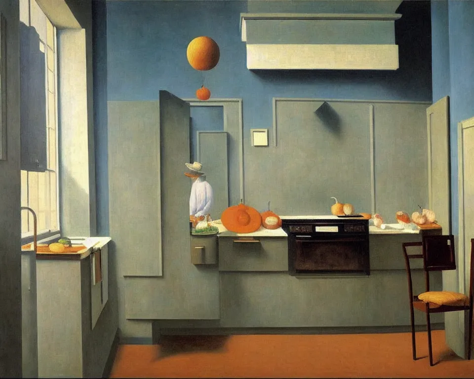 Image similar to achingly beautiful painting of a sophisticated, well - decorated, modern kitchen by rene magritte, monet, and turner.