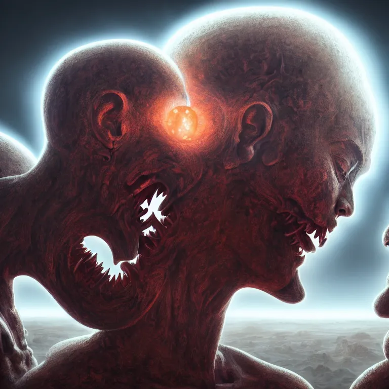 Image similar to portrait of two buddhist demons kissing each other in wastelands on white exoplanet at night, baroque portrait painting, beautiful intricate insanely detailed octane render, artstation, 8 k artistic harsh flash photography, photorealistic, volumetric perfect light, chiaroscuro, raphael, caravaggio, beksinski, rutkowski, giger