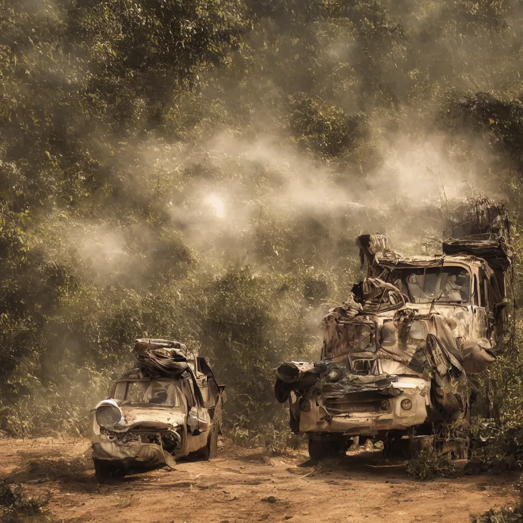 Image similar to bollywood car, on a dusty road, under a setting sun, with a dense jungle