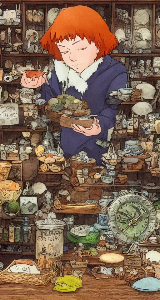 Image similar to close - up of a redhead seller at the counter in the small witch shop, with an owl, counter, cauldrons, potions, highly detailed, sharp focus, matte painting, by studio ghibli, by giovani magana, by rutkowsky,