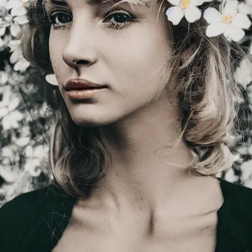 Image similar to vintage photograph of an olive skinned blonde female model in her twenties, her hair pinned up with flowers, wearing a designer top, looking content, focused on her neck, photo realistic, extreme detail skin, natural beauty, no filter, slr, golden hour, 8 k, high definition, selfie