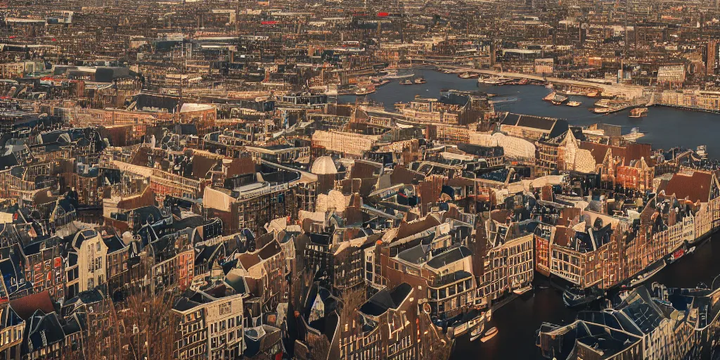 Image similar to realistic photo of Amsterdam, leica, medium format, cinematic lighting, 8K, hyper realistic, very detailed,