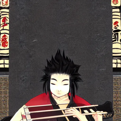 Prompt: a black kitsune boy playing koto in front of a japanese temple, highly detailed, cg style, artstation trending, pixiv trending, Z.W. Gu style, Wlop style