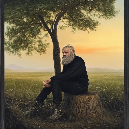Image similar to A bearded old man wearing an all-black outfit sitting on a tree stump in a field at sunrise, oil on canvas, 8k, highly detailed and intricate,