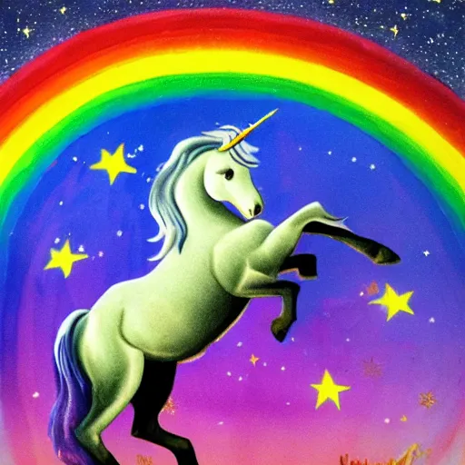 Prompt: a unicorn under a rainbow with stars in the sky