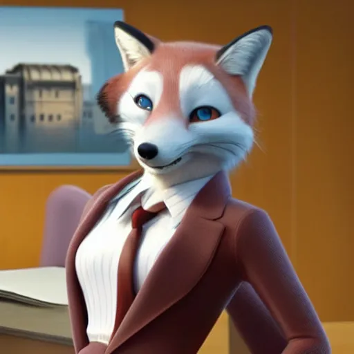 Prompt: animated character, anthropomorphic female fox, who is a lawyer, still from pixar movie animal court ( 2 0 1 4 )