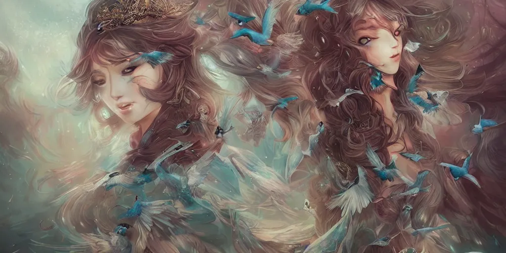 Image similar to A flock of birds transforming into a beautiful princess by ross tran, hyper-detailed, intricate, wide angle, beautiful, fantasy, concept art