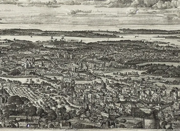 Prompt: detail from Hollar’s Panoramic view of Sydney, 1647