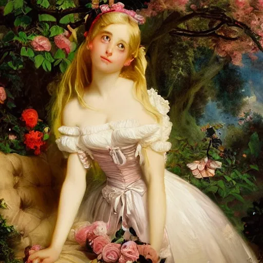 Image similar to Alice in Wonderland,a portrait of a beautiful blond hair girl,Diamonds Blaze,Rose twining,luxuriant,dreamy, eternity, romantic,highly detailed,in the style of Franz Xaver Winterhalter, highly detailed,night lighting