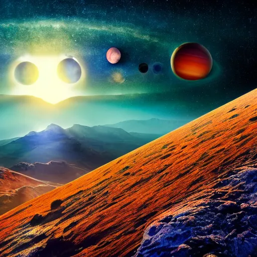 Prompt: photo of a beautiful landscape with multiple planets up in the sky, highly detailed, 4k, HDR, award-winning,